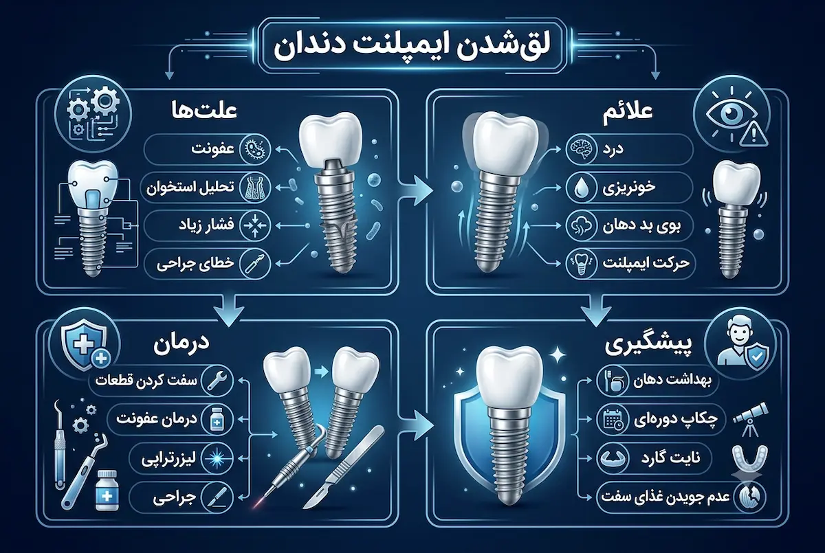 علائم علت درمان و پیگشیری ازلق شدن ایمپلنت دندان